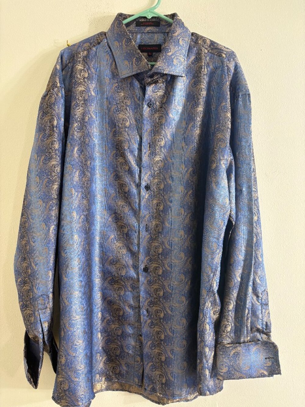 Leonardi Men’s 3XL Blue Gold Paisley French Cuff Luxury Dress Shirt